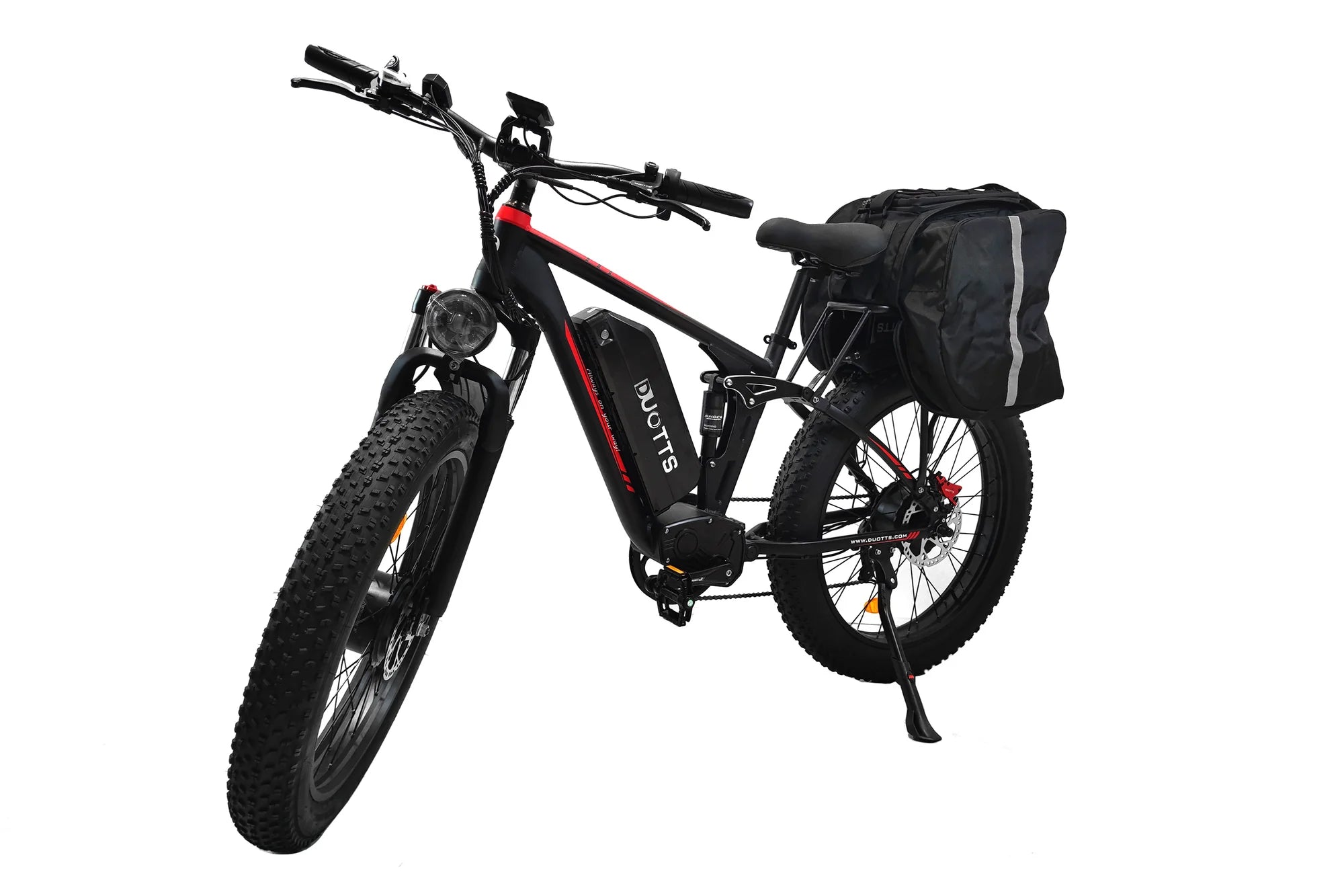 Duotts black travel bag with strap, installed on the rear rack of an S26 electric bike in its unfolded state, ready for offroad adventures.