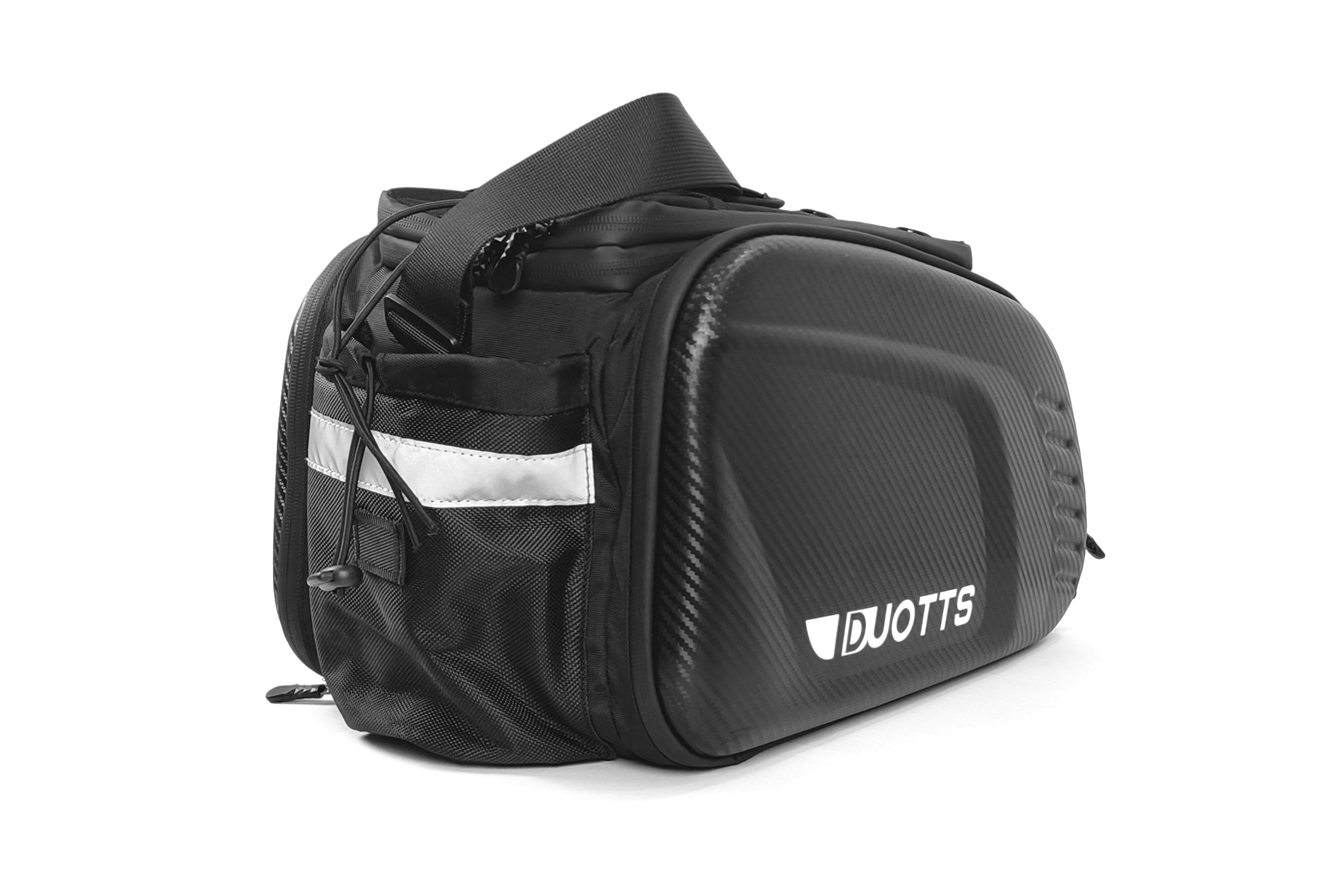 Front view of the Duotts black travel bag with a sturdy strap, designed for effortless carrying on long journeys.