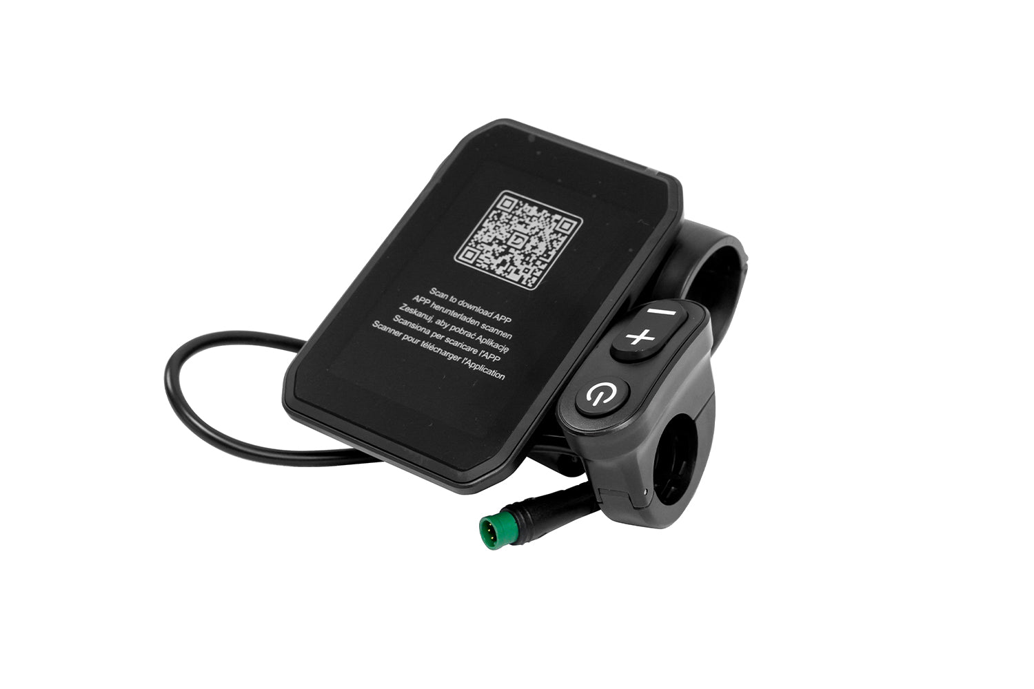 DUOTTS F26 pedal assist ebike LCD display featuring a QR code for easy app download and enhanced connectivity.